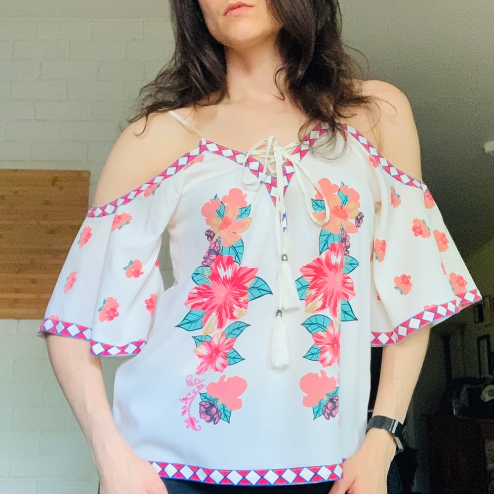 Boho Cold Shoulder Corset Tie Crop Floral Top Med - Picture 3 of 9
